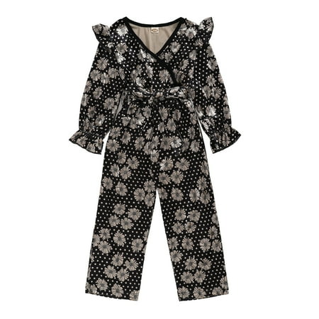 

Kucnuzki Little Girl Clothes 5Y Toddler Girl Fall-Winter Jumpsuit 6Y Toddler Girl Lovely Long Sleeve Little Dot Floral Bodysuit Black