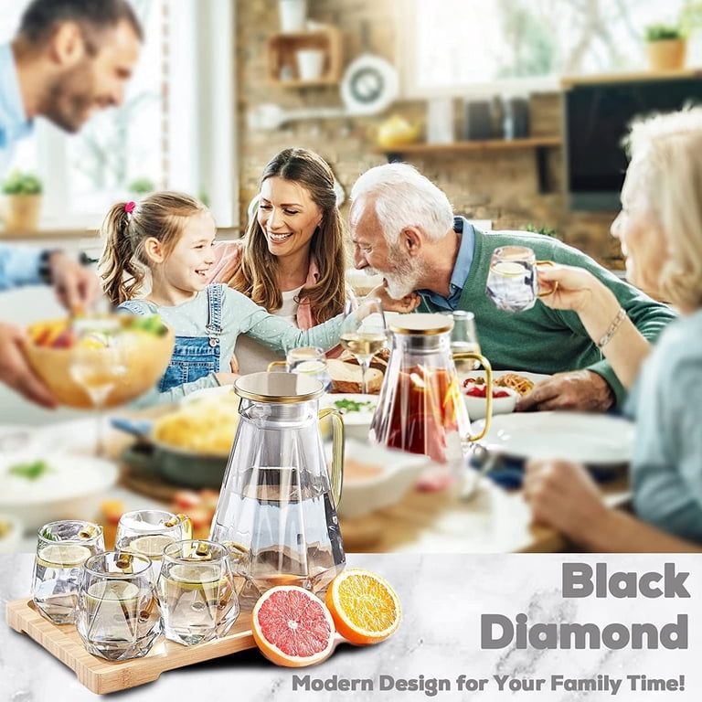 DUJUST Black Diamond Glass Pitcher with 4 Cups, 1 Tray, Elegant Design  Water Pitcher with Handle, Decoration for Room, High Durability Water Glass  ...