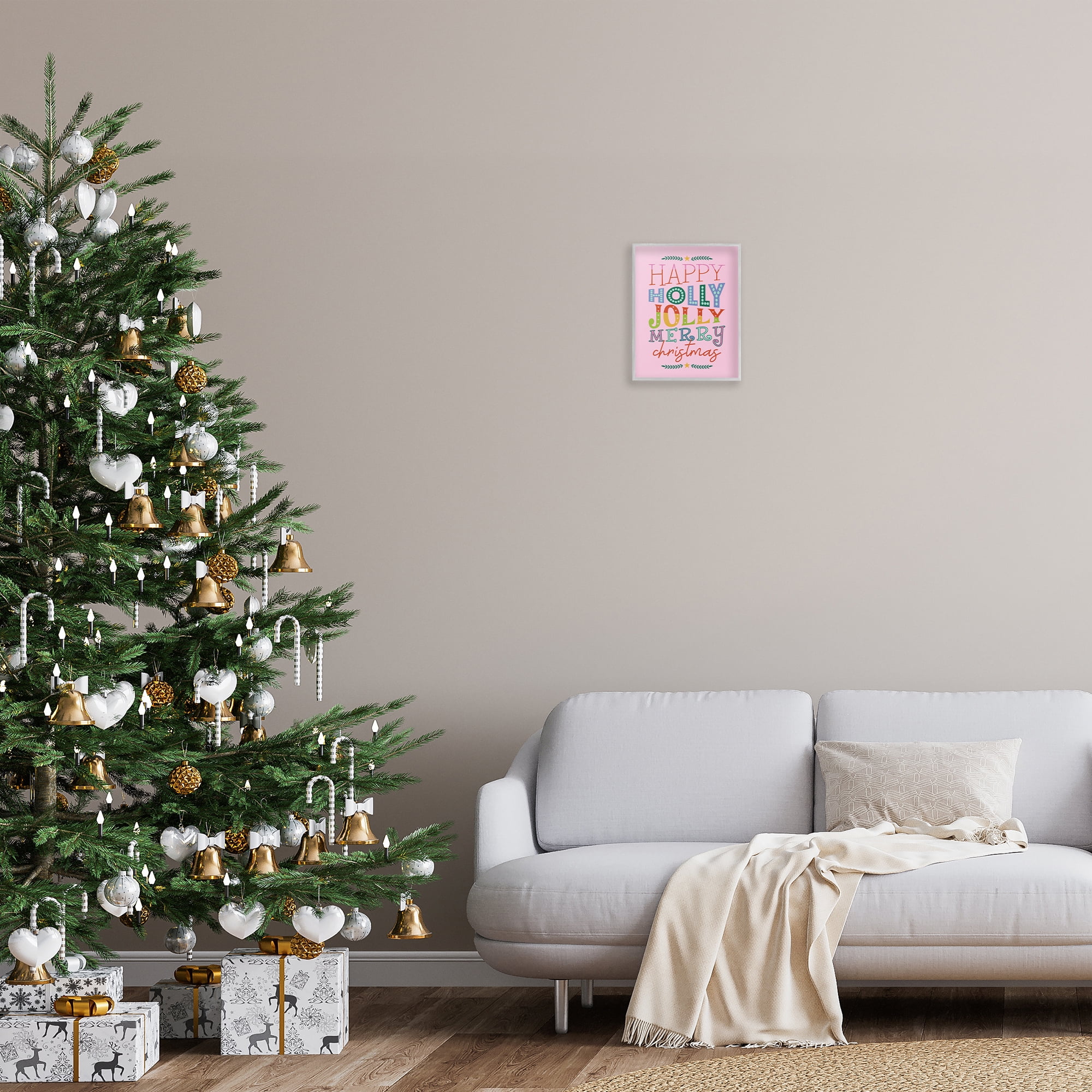 Stupell Industries Happy Holly Jolly Xmas Holiday Painting Gray Framed Art Prints Wall Art, 11 x 14