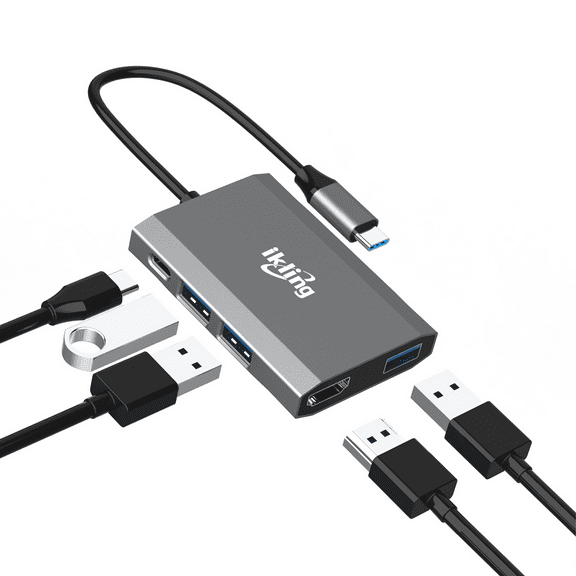Ikling USB C Hub, 5 in 1 USB-C Splitter Thunderbolt 3 Hub to 4K HDMI Adapter, USB 3.0 Port, 100W PD