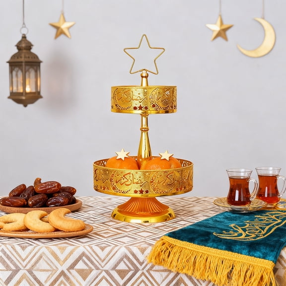 2 Layers Eid Serving Tray Ramadan Snack Tray with Star Double-layer Dessert Holder Storage Food Plate Round Eid Serving Platter for Living Room Holiday Party Supplies Gold