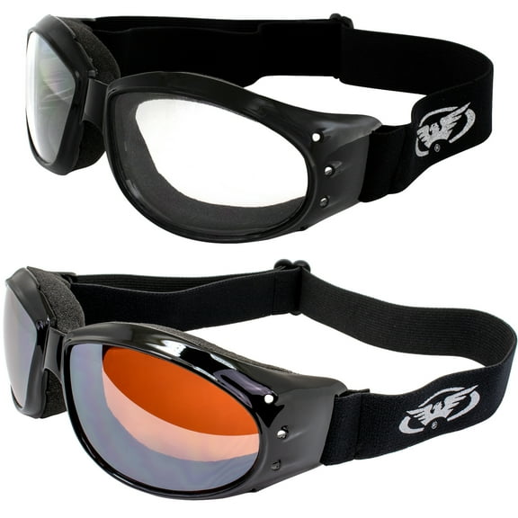 2 Motorcycle Riding GOGGLES Clear Lens & Driving Mirror Lens & 2 Microfiber Bag