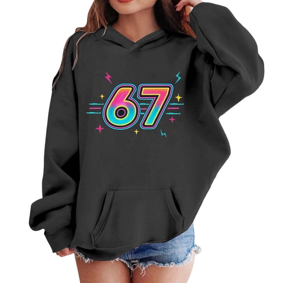 Byoo Toddler Girls Sweatshirt Oversize 67 Number Graphic Full Sleeve Pullover Hoodie Top Casual Comfort Shirt for Kids