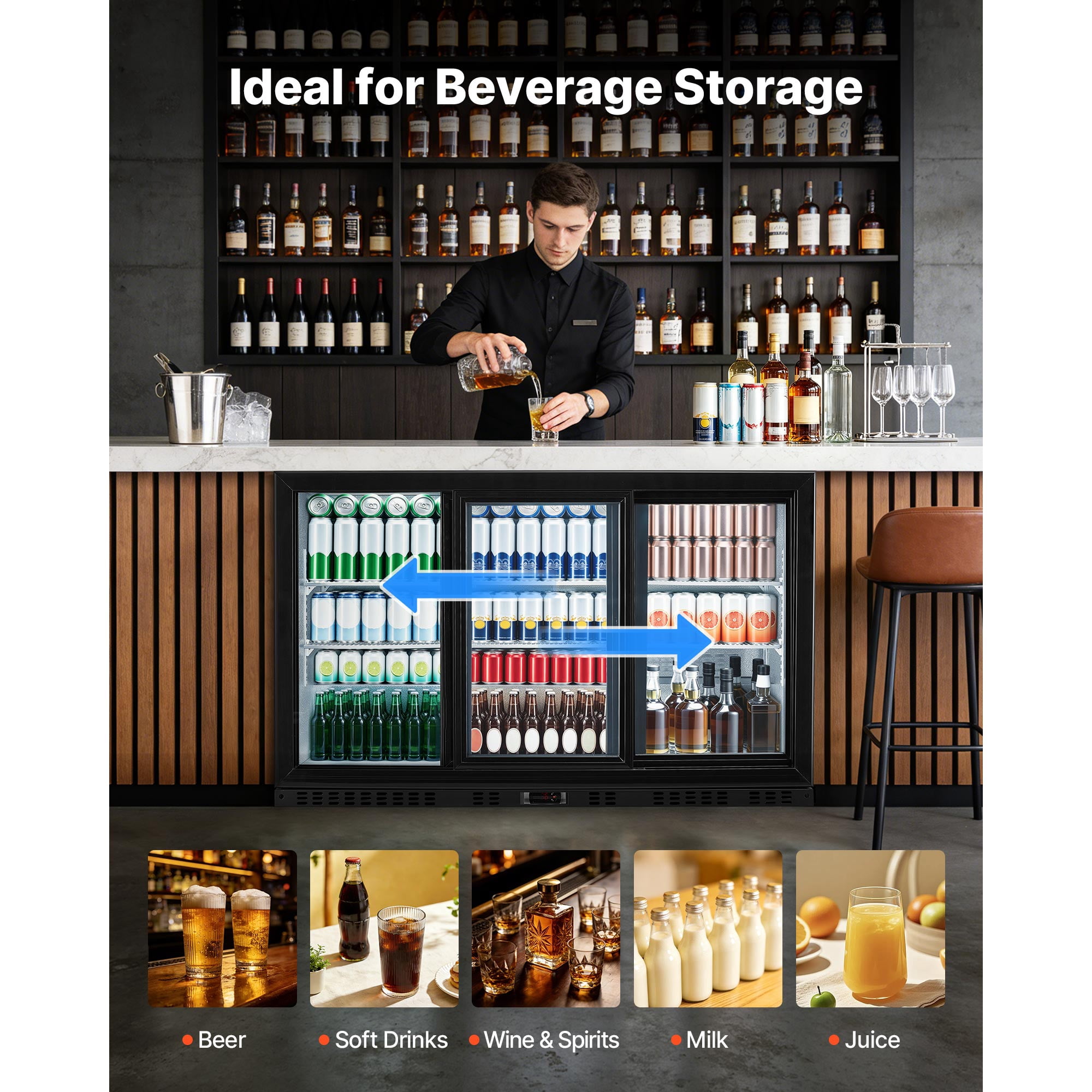 KFFKFF Commercial Back Bar Cooler, 11.4 Cu.Ft Beverage Refrigerator with 3 Sliding Glass Doors, Fan Cooling System, LED Lighting, Adjustable Shelves, and Low-E Glass for Drinks in Bars or Stores