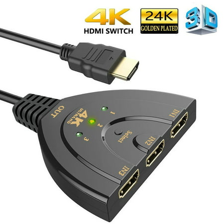HDMI Switch, 3 Port 4K HDMI Switch 3 in 1 Out with High Speed Switch Splitter Pigtail Cable Supports Full HD 4K 1080P 3D