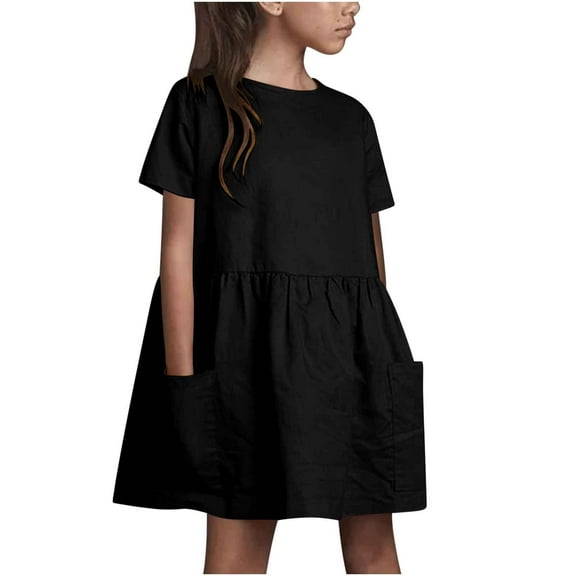 Efsteb Summer Dress for Girls Cotton Linen Short Sleeve Dress Casual Round Neck Princess Dresses with Pocket (Black,9 Years)