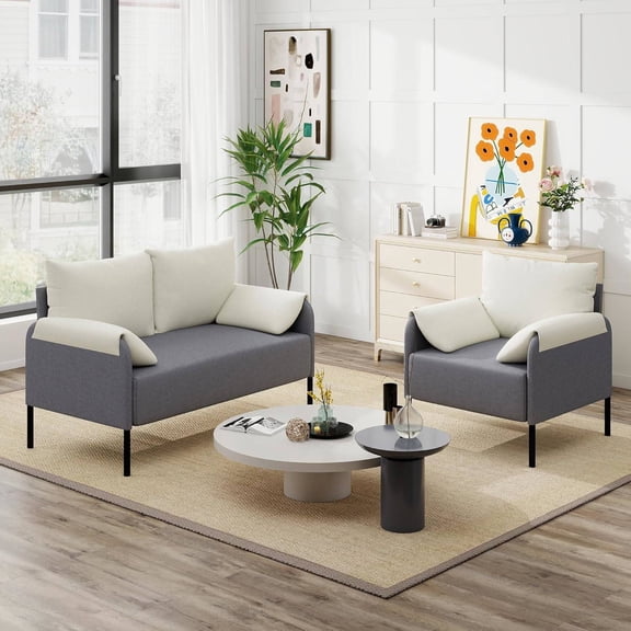 Modern Loveseat and Chair Set, Chenille Fabric Armchairs for Living Room, Bedroom, Apartment, Small Space (Gray, 1 Loveseat 1 Chair)