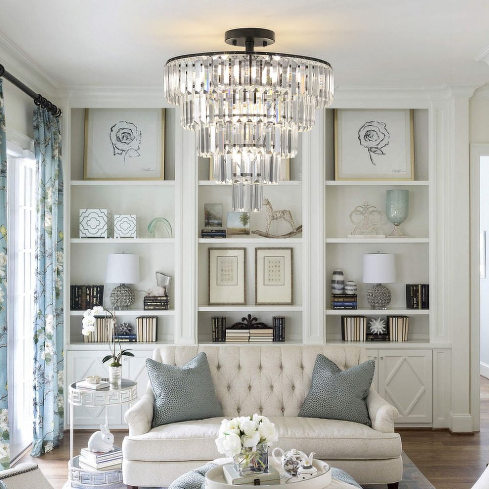 ACE-LIGHTS,5-Tier Black Crystal Semi Flush Mount Chandelier Light Fixture,Large Contemporary Luxury Ceiling Lighting for Living Room,Bedroom,Dining Room,Hallway,Restaurants,Holels,Bars(Black)