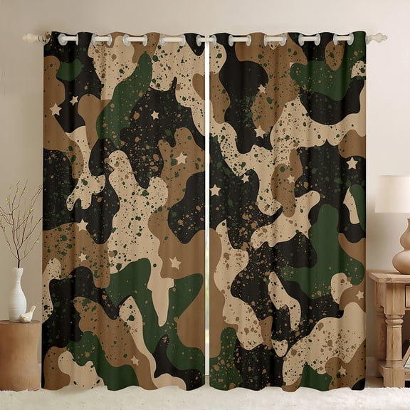 Homewish Retro Camo Black Out Curtains,Vintage Camouflage Curtains Pack of 2 (42x63 Each),Brown Splashing Ink Bedroom Curtains For Boys Kids,Luxury Bedroom Decor