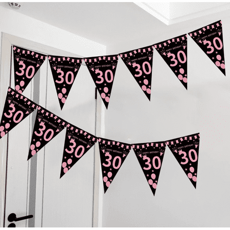 Happy 30th Birthday Banner Black and Pink Triangle Pennant Flag Bunting Party Decoration