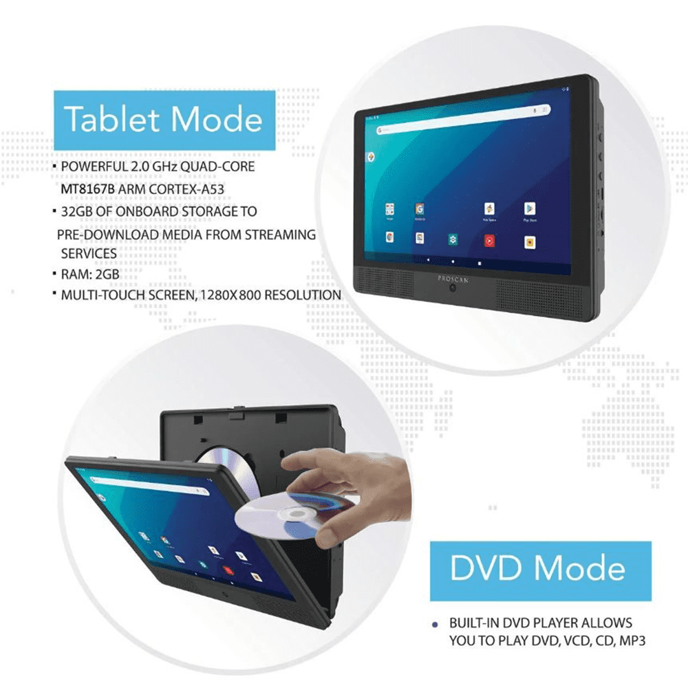 Restored Proscan Elite 10.1" Quad Core Tablet Portable DVD Combo 2GB/32GB Storage Android 11 PELTDV1029 (Refurbished)