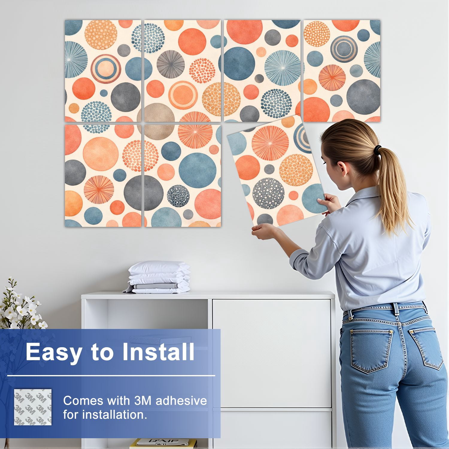 8 Pack Art Acoustic Panels Abstract Colorful Circular Dots Spirals Retro Style Self Adhesive Absorbing Dampening Panels Self Adhesive for Nursery Game Room Bedroom 48"x32"