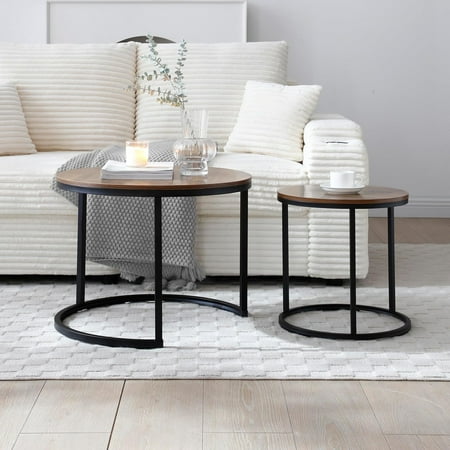 YWEN Small Round Nesting Coffee Table Set of 2 for Living Room Wood Grain Faux Marble Modern Stacking Circle Coffee Table Side Table End Table with Metal Frame for Bedroom