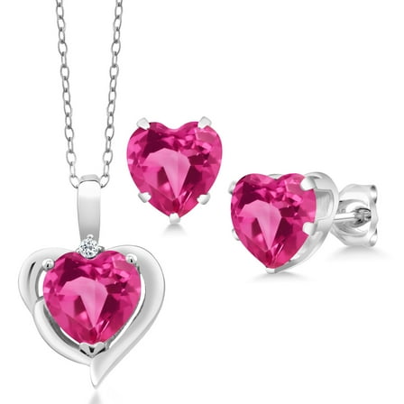 Gem Stone King 5.42 Ct Heart Pink Created Sapphire White Topaz 925 Silver Pendant and Earrings Jewelry Set