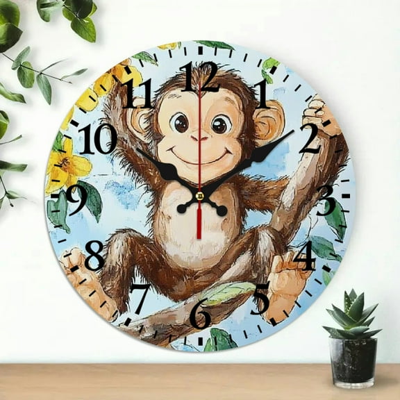 ZFLMY Monkey Theme 10-Inch Wooden Wall Clock for Living Rooms, Kitchens, and Dorms 10x10in