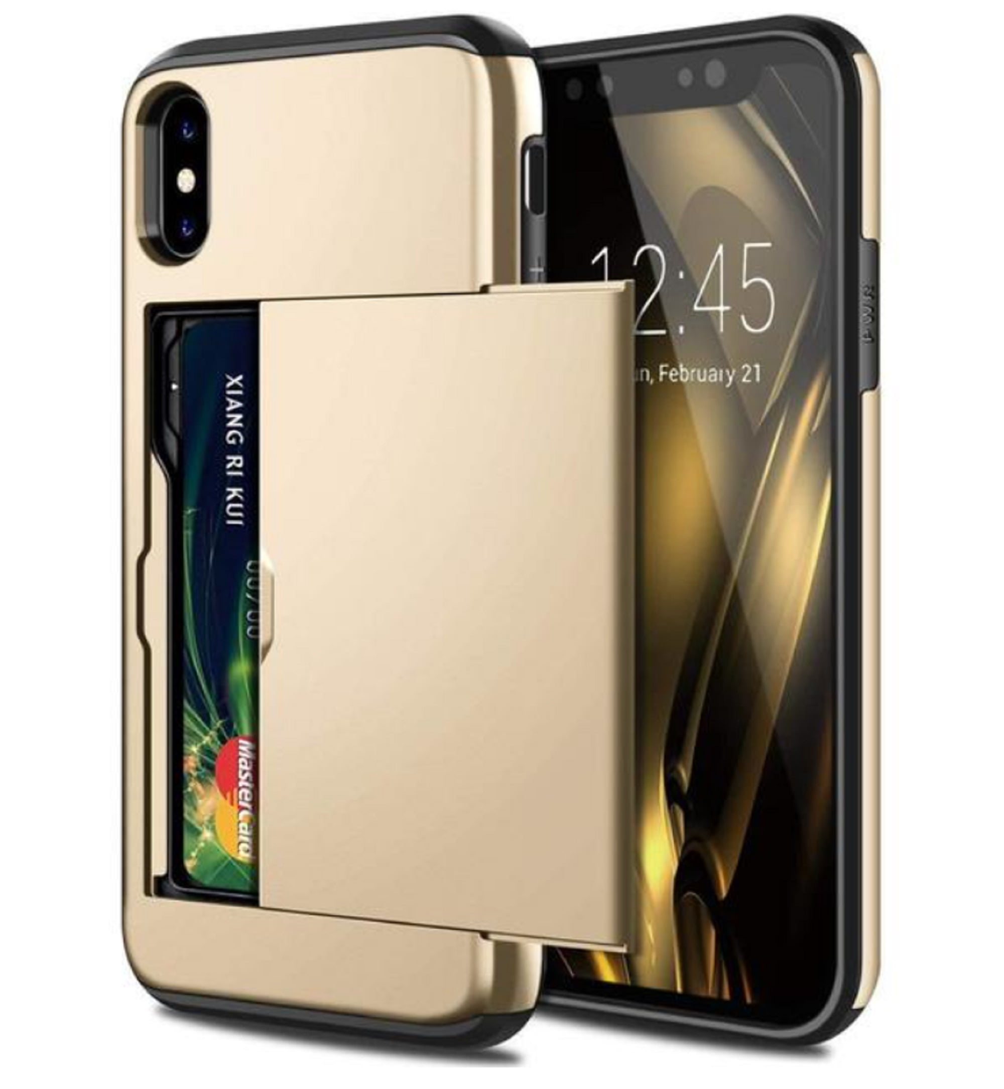Card Holder iPhone X Case (Gold) Dual Layer Shockproof Wallet with