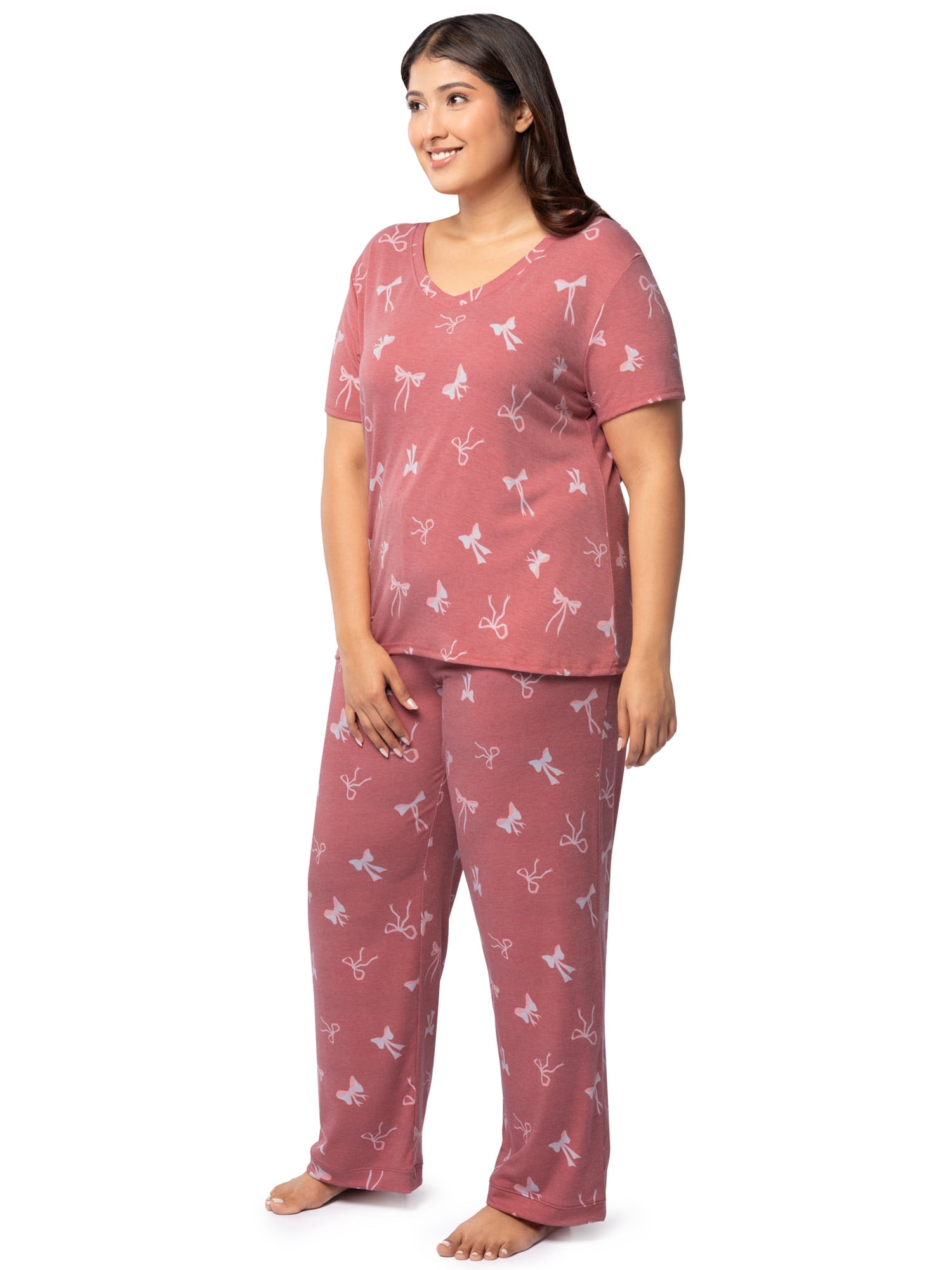Fruit of the Loom Women's Soft & Breathable V-Neck Short Sleeve Top & Pajama Pant Set, Sizes S-4X