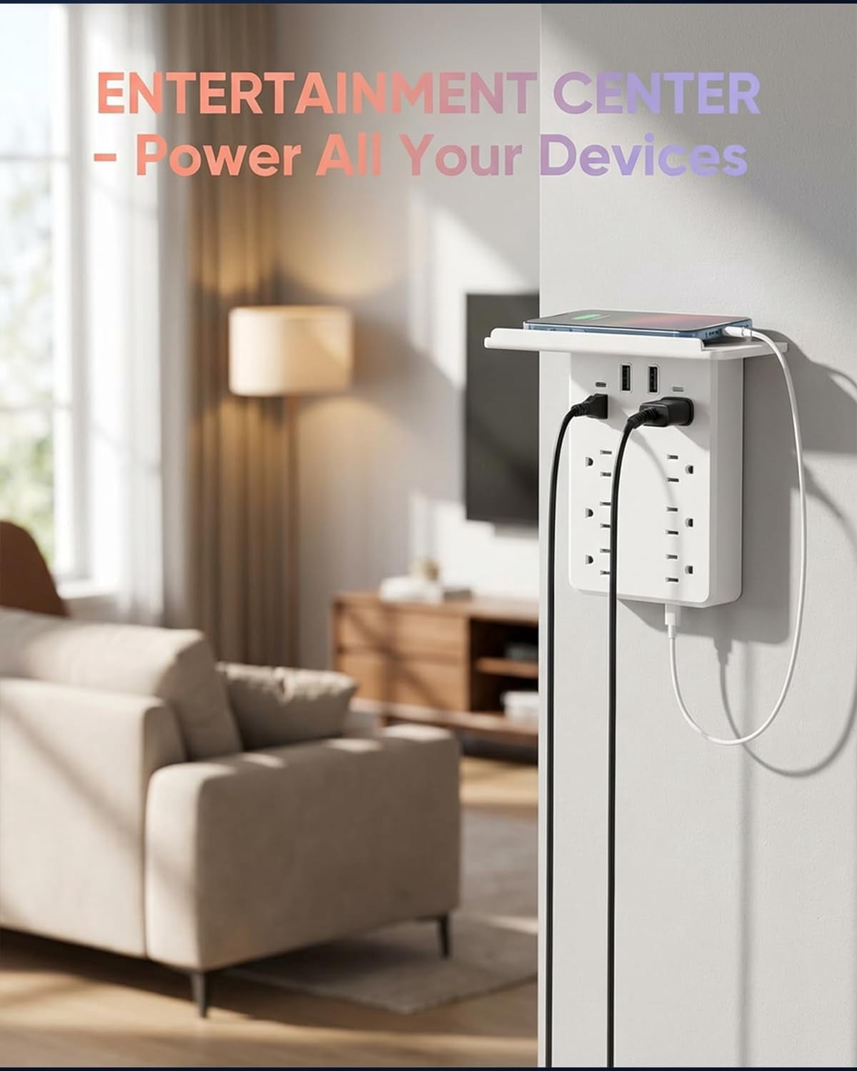 Multi-Functional Power Strip with Panel,Wall Outlet Extender with Shelf,6-Outlet Surge Protector with USB-A & USB-C,for Home Office, Bedroom, Kitchen, Travel