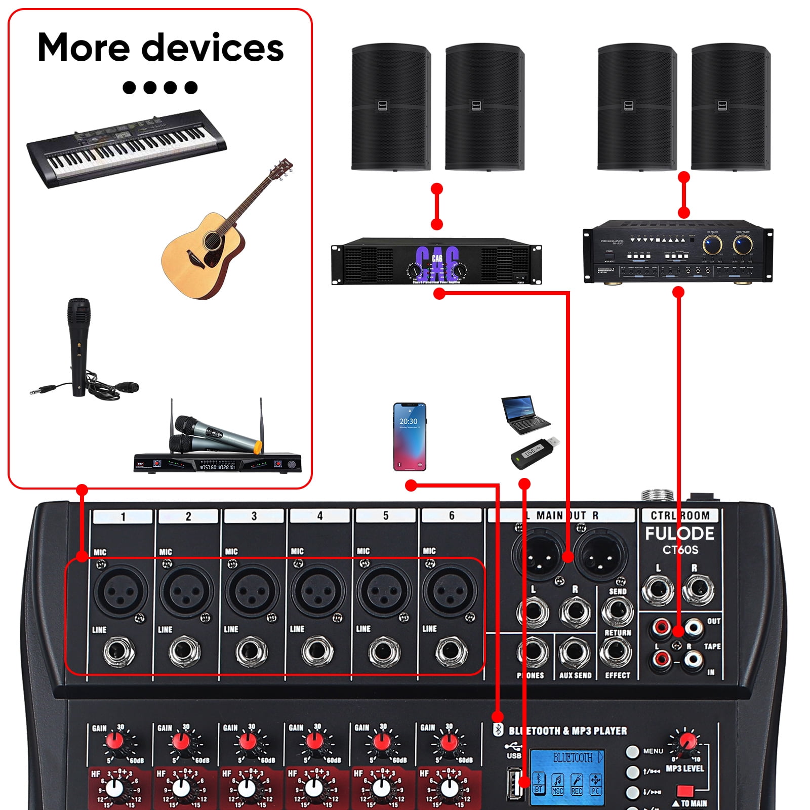 FULODE CT60 6-channel Professional mixer audio Bluetooth U disk 48V Phantom Power Source USB recording,dj mixer,Suitable for beginners as well