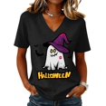 thumbnail image 3 of Womens Halloween Shirts V Neck Novelty Fall Halloween Ghost Bat Short Sleeve T Shirts Thanksgiving Fashion Tee Tops Black M, 3 of 5