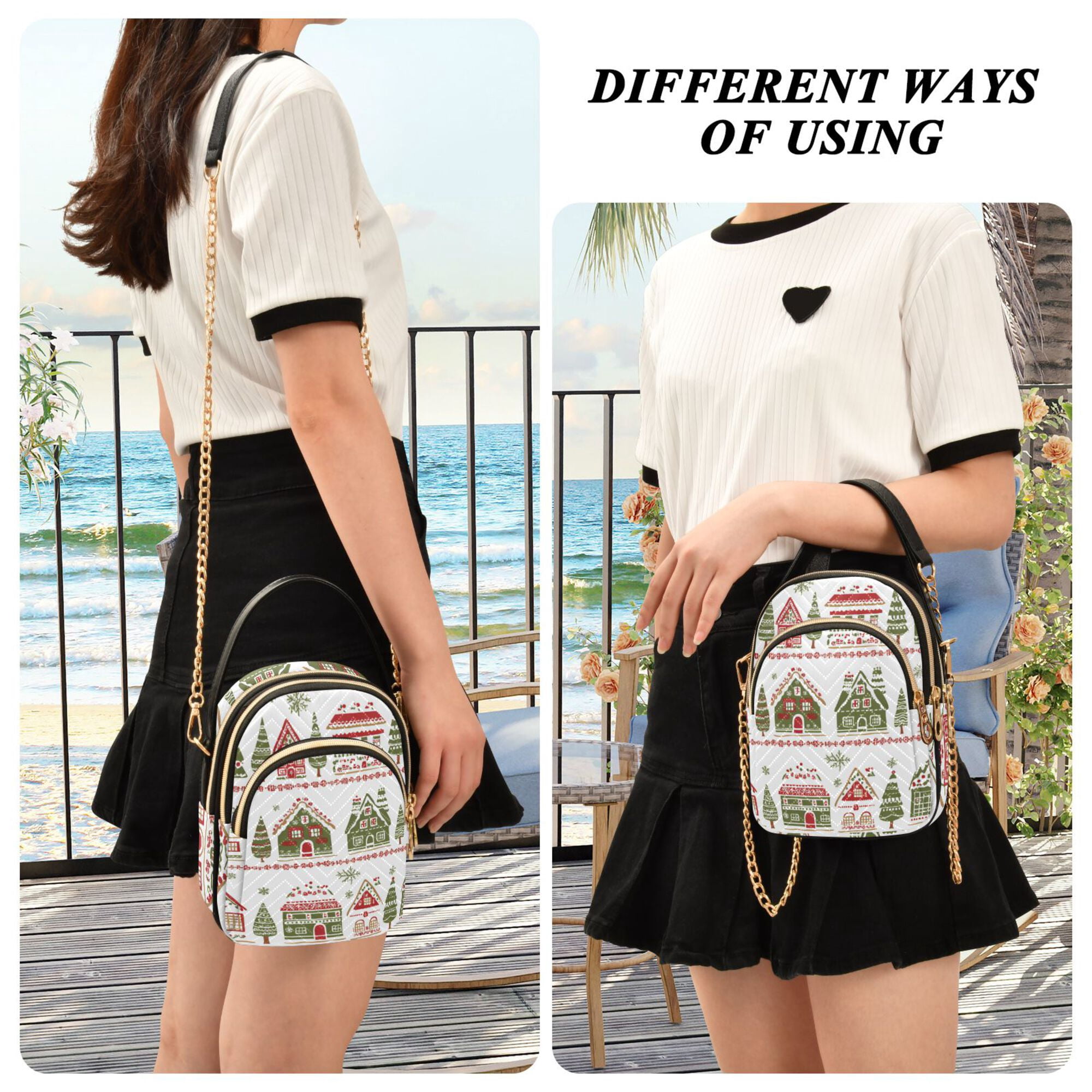 FORMRS Crossbody Bag for Women Quilted Travel Shoulder Cell Phone Purse with Chain Strap Handbag, Red Christmas House