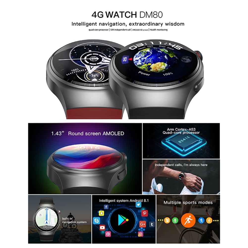 Rainbuvvy DM80 4G Smart Watch 1.43 Inch AMOLED Round Screen 2GB+16GB Beidou System + GPS WiFi Sleep Monitoring Fitness Tracker 950mAh Sports Outdoor Watch