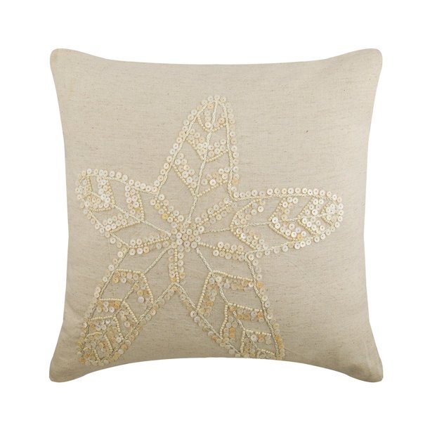Funda de almohada color crudo, con temática de playa y estrellas de mar, 35 x 35 cm (14 x 14 pulgadas), cuadrada, de lino, para sofá, con estampado floral mediterráneo y mar - Perlas de estrellas de
