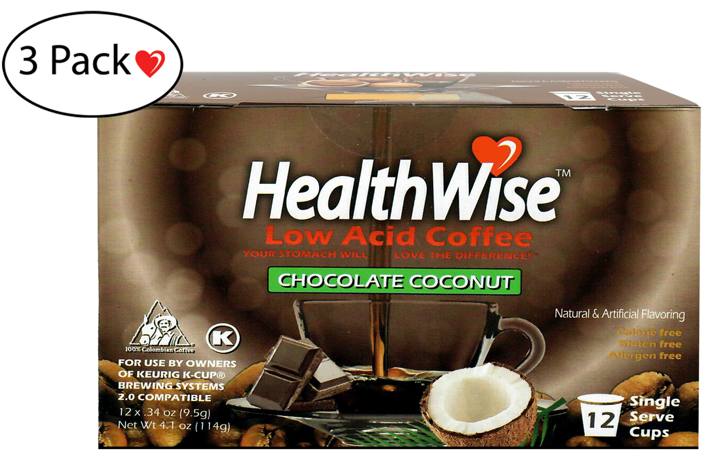 Chocolate Coconut Low Acid Keurig KCups Size 3 Cartons (36 cups