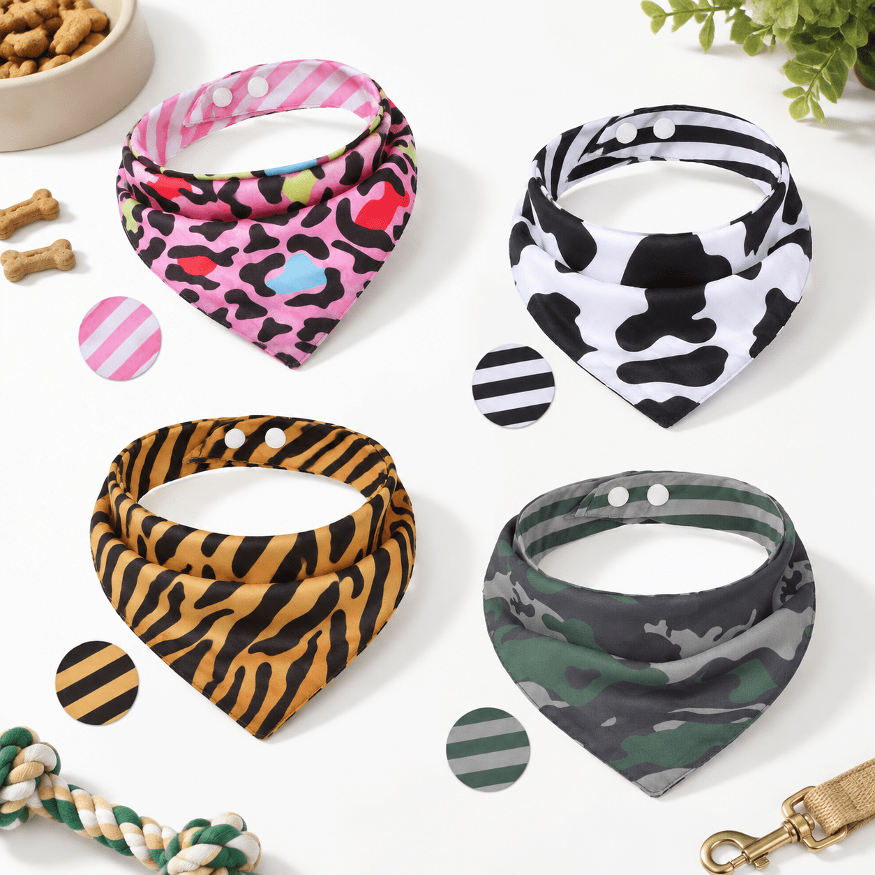 Animal Print Small Reversible Dog Bandana Triangle Scarf Bib with Adjustable Snaps for Pets