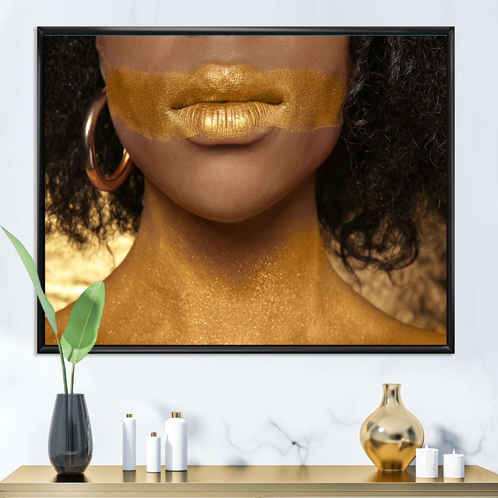 Designart 'Afro American Girl With Golden Paint on Body' Modern Framed Canvas Wall Art Print