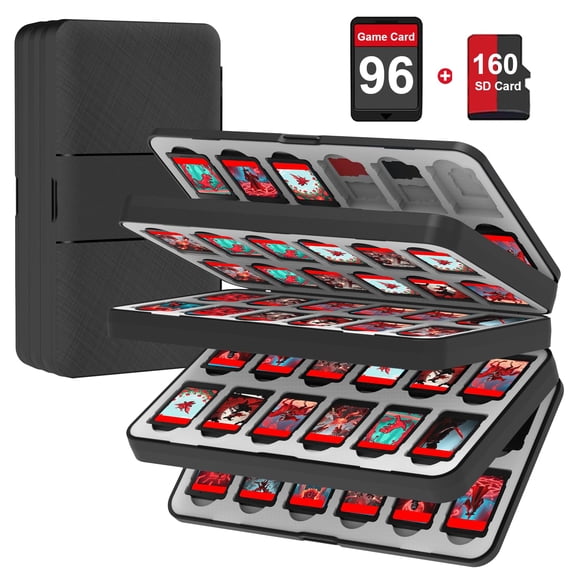 QuoLumPIA 96 Game Case - for Nintendo Switch 2/OLED/Lite Cartridge storage with 96 Game Card Slots & 160 Micro SD Card Slots, Black, Hard Shell, Silicone Lining, Magnetic snap, Travel, Gift, Party