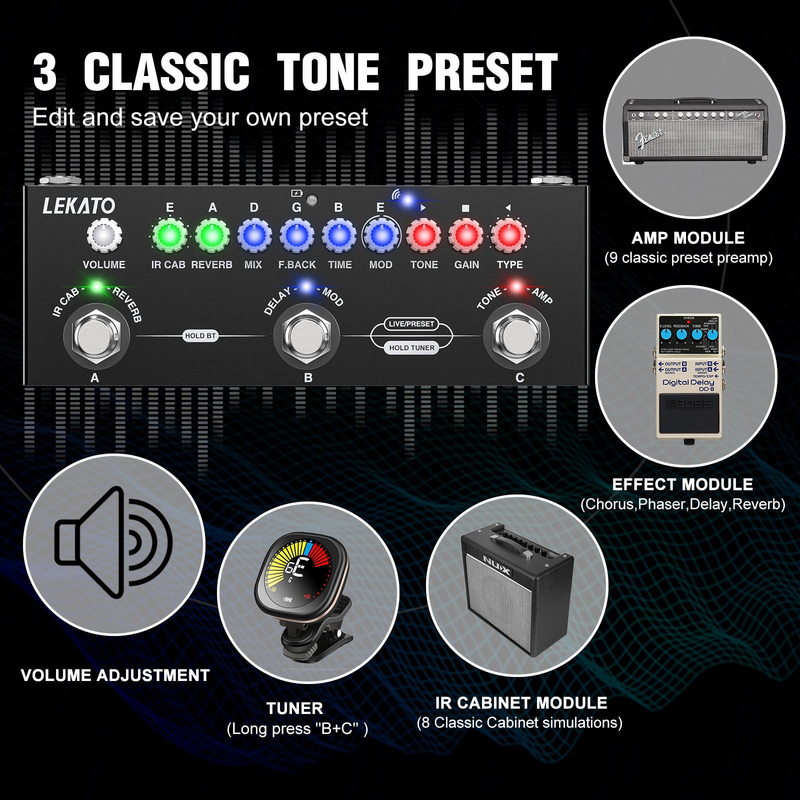LEKATO Multi Effects Guitar Pedal with IR Loading 9 AMP Models Delay Reverb Distortion Overdrive Rechargable Electric Guitar Effects Multi Pedal Support Recording Bluetooth 5.0