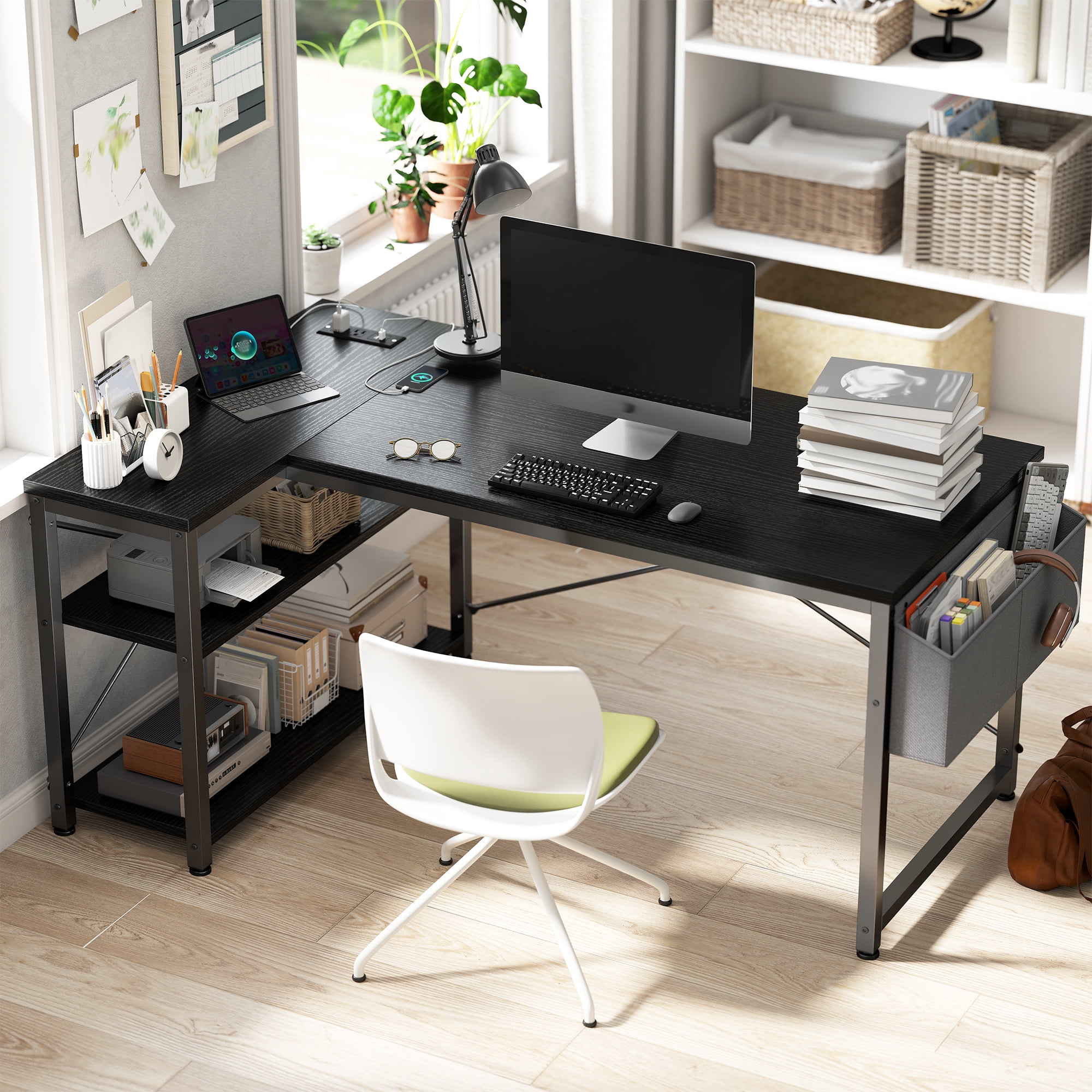 EnHomee L-Shaped Computer Desk with Charging Station, Small Desk with Storage Shelves for Gaming, Writing, Black