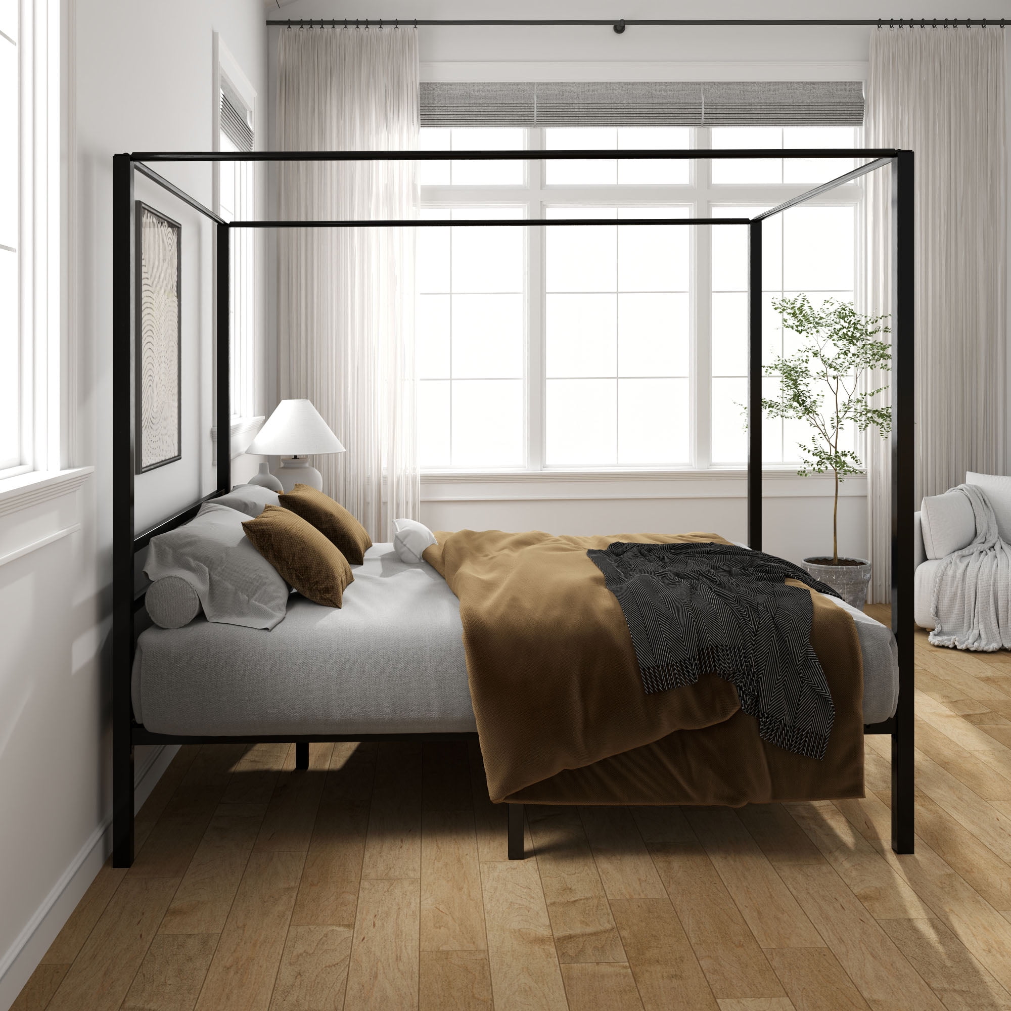 Uforic Queen Size Metal Canopy Bed Frame with Headboard, Four-Poster 14-Inch Platform with Metal Slats, Requires No Box Spring (Black)