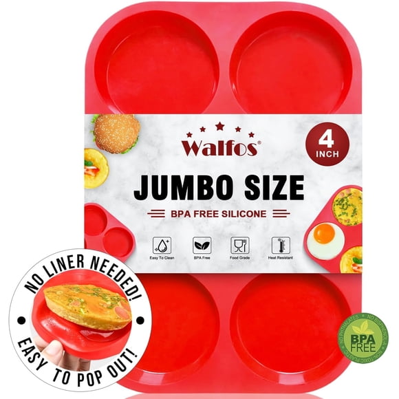 Walfos Moules à Muffins en Silicone pour Cuisson Taille Jumbo 4 Pouces, Résultats Parfaits Moule à Œufs Antiadhésif Premium, Idéal pour Œufs, Pain à Hamburger, Dessus de Muffin et Plus, Qualité Alimentaire et Sans BPA, 1 Pce