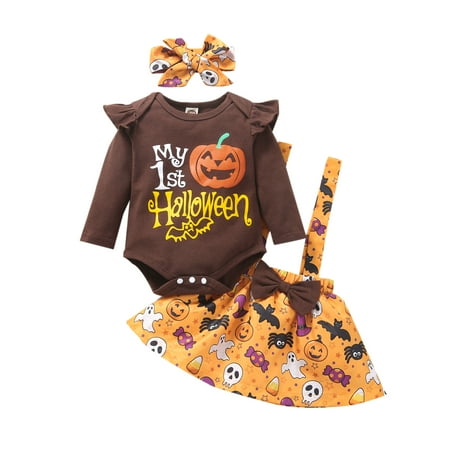

Halloween Infant Baby Girls Print Long Sleeve Romper Suspender Skirt Headband
