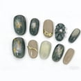 thumbnail image 2 of Dark green hand-painted flower smudge high-end cat's eye gilt pure hand-worn nail white pearl short nail sticker, 2 of 7
