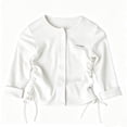 thumbnail image 2 of Maqroz Girls Cardigan Sweaters Button Down Long Sleeve Jackets Round Neck Tops with Ruched Side Drawstrings Casual Fall School Outerwear for Kids, 2 of 5
