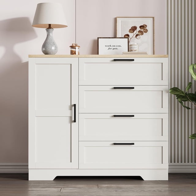 Bingirl Commode Moderne Multifonctionnelle à 4 Tiroirs en Bois avec Placard de Rangement, Armoire Garde-Robe avec Tringle pour le Rangement des Vêtements de Chambre