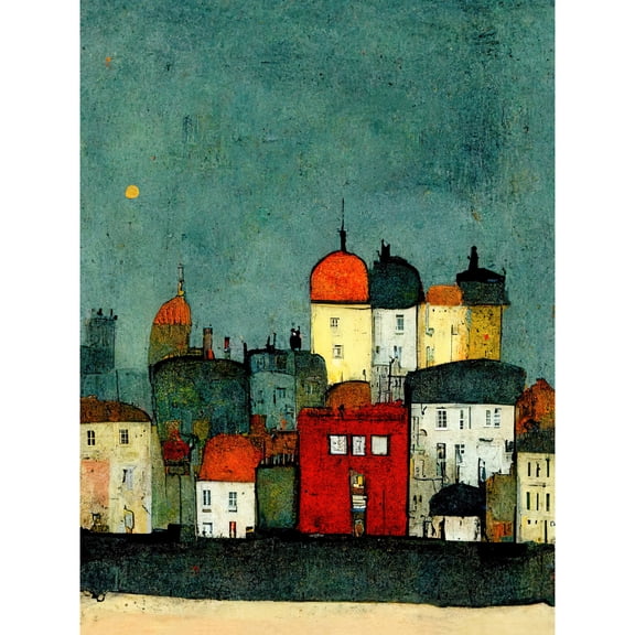 Playful Town Skyline Scene At Night With Pastels And Ink Unframed Wall Art Print Poster Home Decor