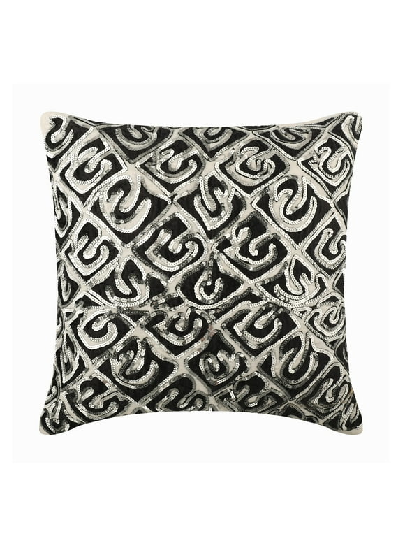 Decorative Pillow Covers, Black 16"x16" (40x40 cm) Cushion Cover, Velvet & Linen Applique Throw Pillow Cover&nbsp;For Sofa, Abstract Pattern Modern Style - Maze Night
