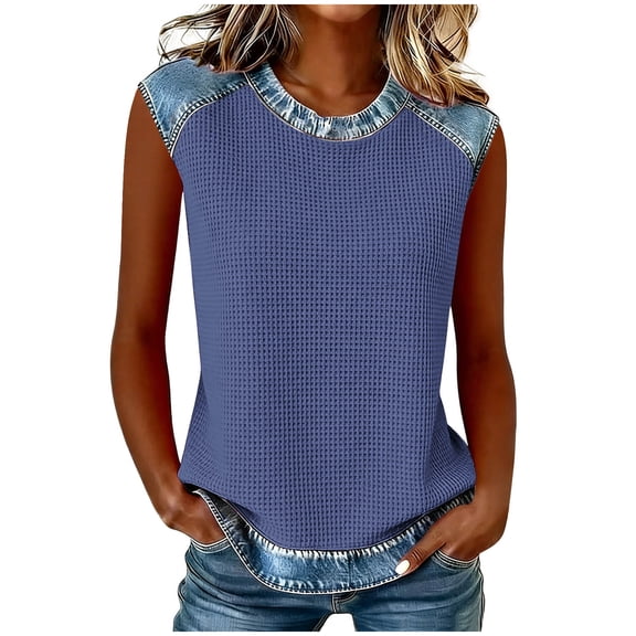 Sahpxhe Women's Waffle Knit Tank Tops with Denim-Like Trim Crew Neck Sleeveless Color Block Casual Summer Blouse Navy M