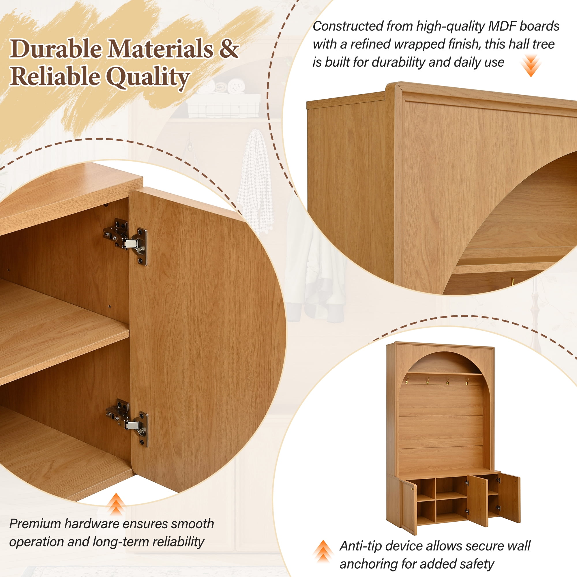 Homy Casa 48.7" Modern Arched Hall Tree with Coat Hooks & Hidden Shoe Cabinet, Natural Oak
