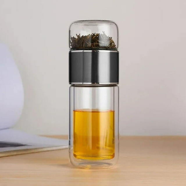 Birdeem Bouteille Infuseur à Thé en Verre à Double Paroi avec Séparation par Pression, Conception Isolée Étanche pour Infusion Instantanée, Tasse à Thé Portable avec Filtre Amovible
