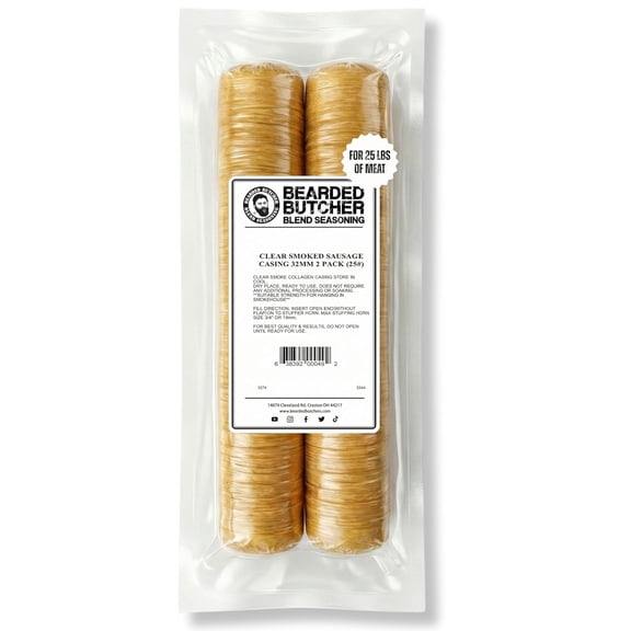 Bearded Butchers 32mm Clear Smoked Collagen Casings (2-Pack) – Holds 25lbs of Meat – Edible Skins for Smoked Bratwurst, Summer Sausage & Dinner Links – Smokehouse Ready, No Soaking