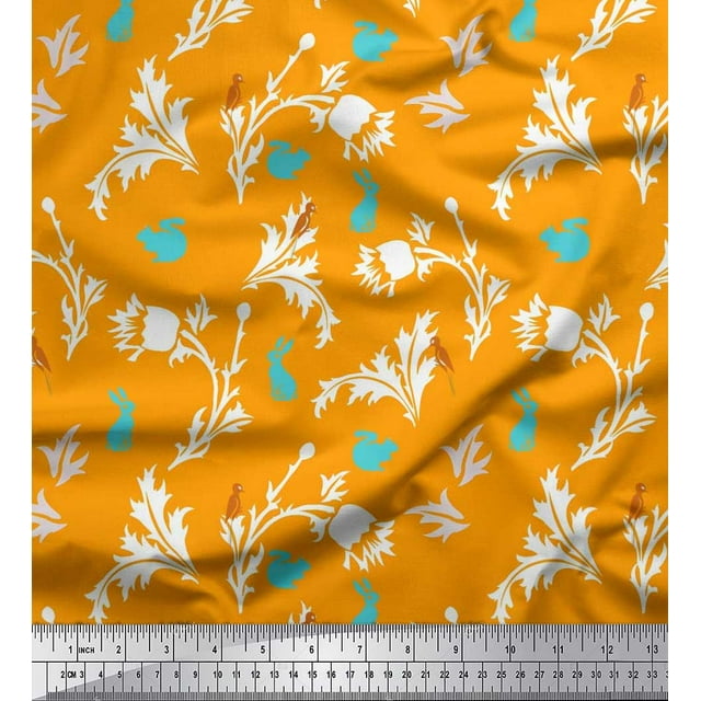 Soimoi Georgette Viscose Fabric Leaves,Floral & Rabbit Animal Decor Fabric Printed Yard 42 Inch Wide
