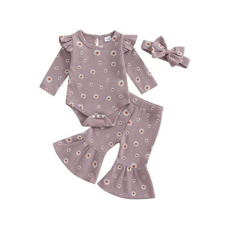 

CocMouse Baby Girl Floral Outfit Long Sleeve Romper with Flare Pants Headband