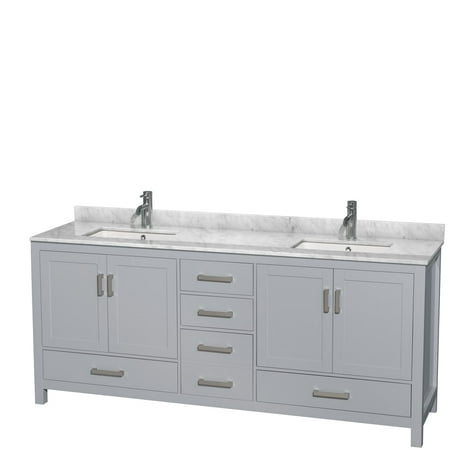 Wyndham Collection Sheffield 80 inch Double Bathroom Vanity in Gray, White Carrera Marble Countertop, Undermount Square Sinks, and No Mirror (Base UPC