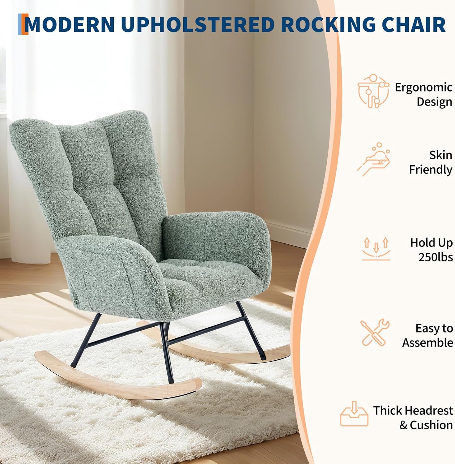 Rocking Chair Nursery Teddy Upholstered Baby Fluffy Glider Rocker for Adults Small Spaces Indoor Nursing Chair for Living Room Bedroom Classroom Beige Comfortable Durable Stylish-Green