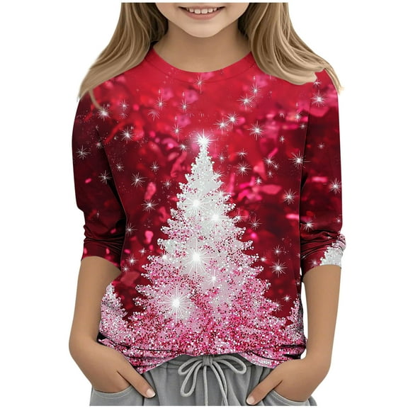 Mgmyaa Girls Casual 3/4 Sleeve Christmas Print Top, Kids Crew Neck Long Sleeve T-Shirt Size 3-12 Years